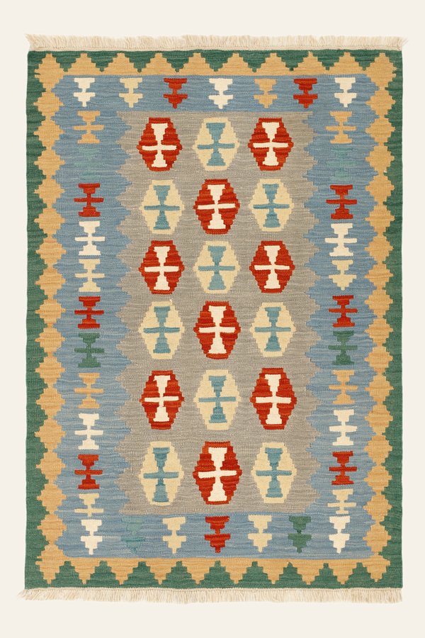 Kelim Teppich Grau Blau, 102 × 146 cm