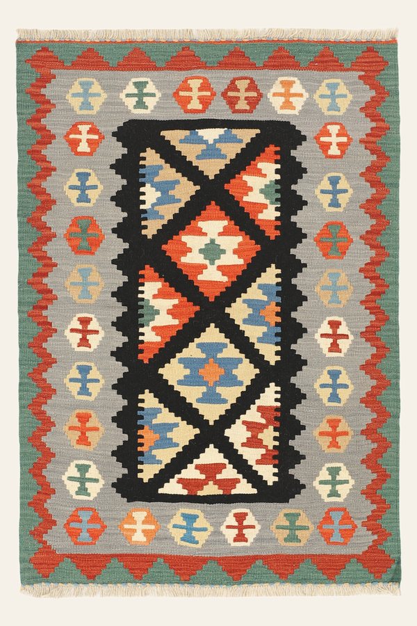 Kelim Teppich Grau Schwarz Rot, 102 × 146 cm