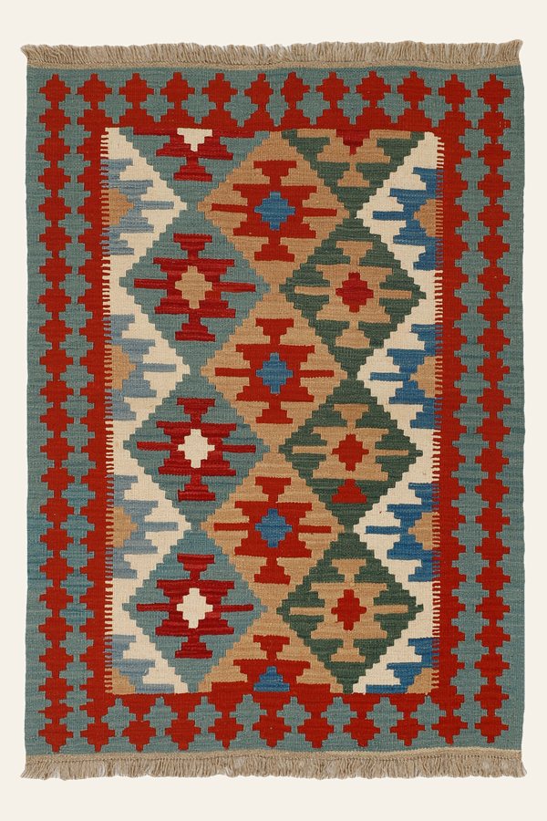 Kelim Teppich Graugrün Rot, 105 × 147 cm