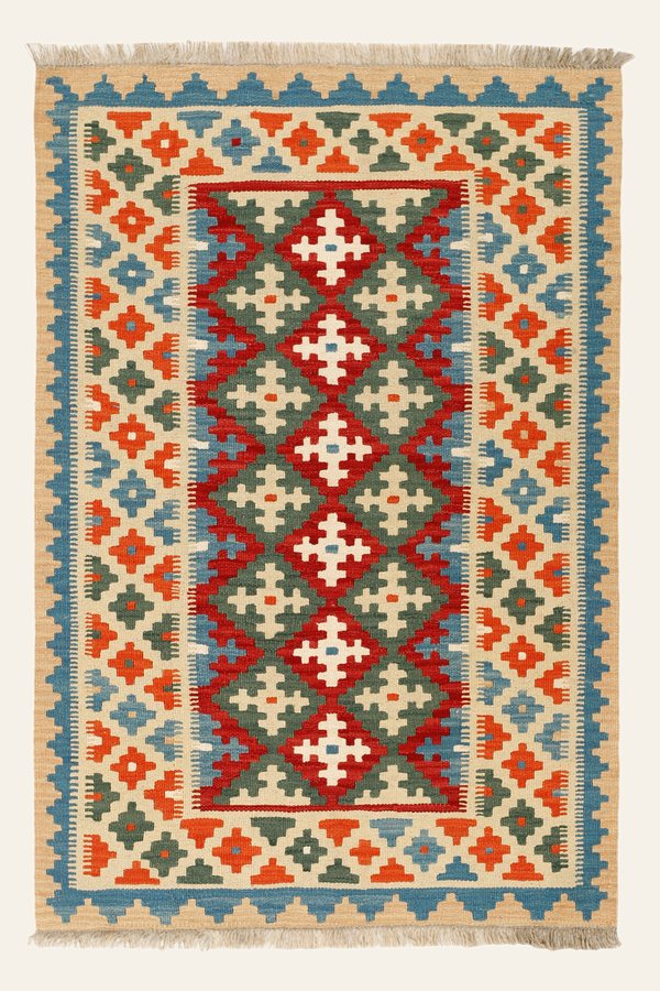 Kelim Teppich Rot Grün Creme, 102 × 149 cm