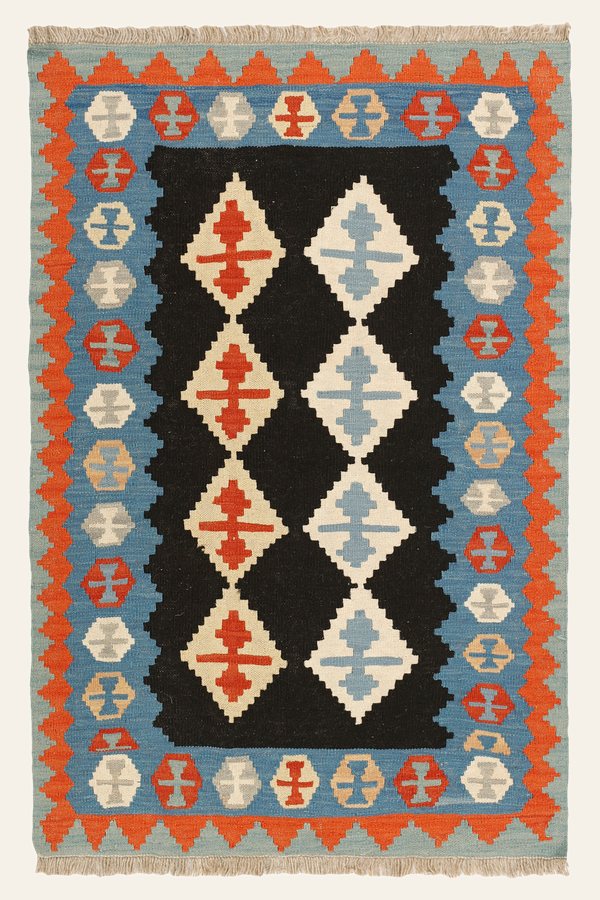 Kelim Teppich Schwarz Blau, 102 × 154 cm
