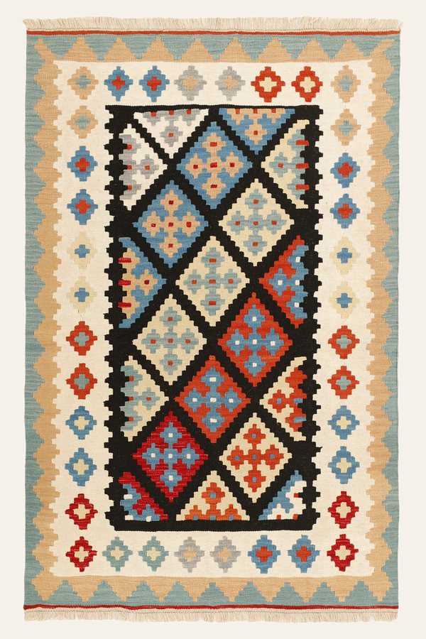 Kelim Teppich Creme Schwarz, 119 × 184 cm