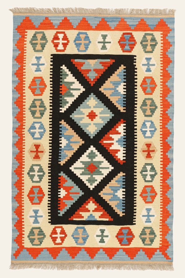Kelim Teppich Creme Schwarz, 105 × 160 cm