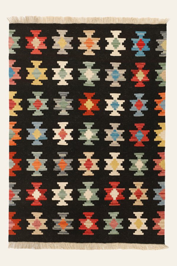 Kelim Teppich Schwarz Bunt, 108 × 150 cm