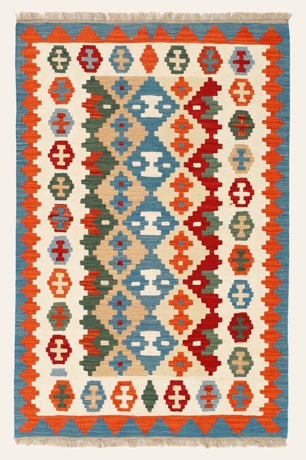 Kelim Teppich Creme Blau, 102 × 155 cm