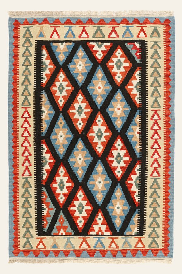 Kelim Teppich Schwarz Rot Creme, 102 × 149 cm