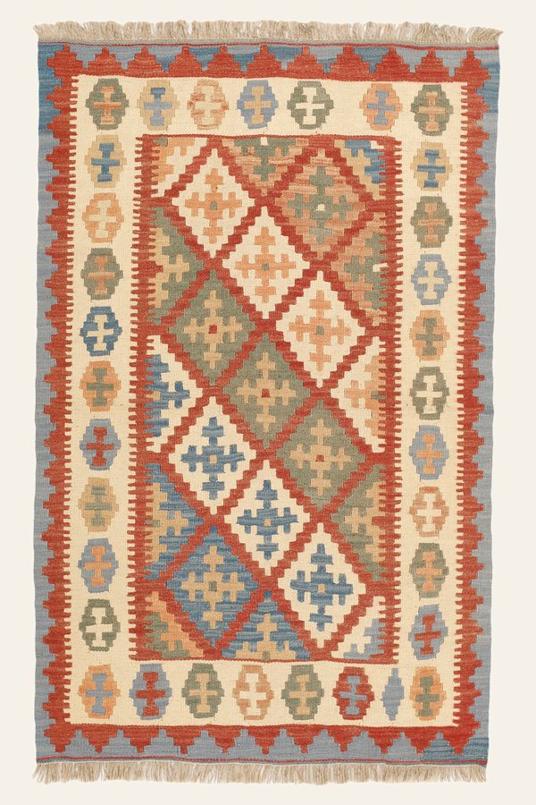 Kelim Teppich Creme Salbeigrün, 100 × 158 cm