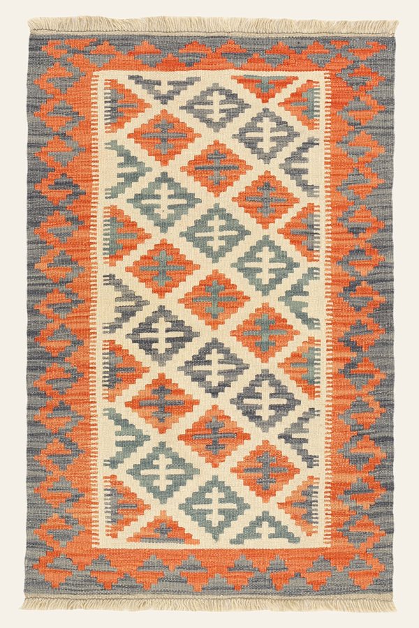 Kleiner Kelim Teppich Orange Grau, 84 × 131 cm