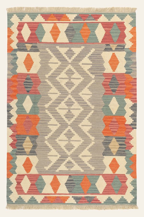 Kelim Teppich Grau Creme, 104 × 153 cm