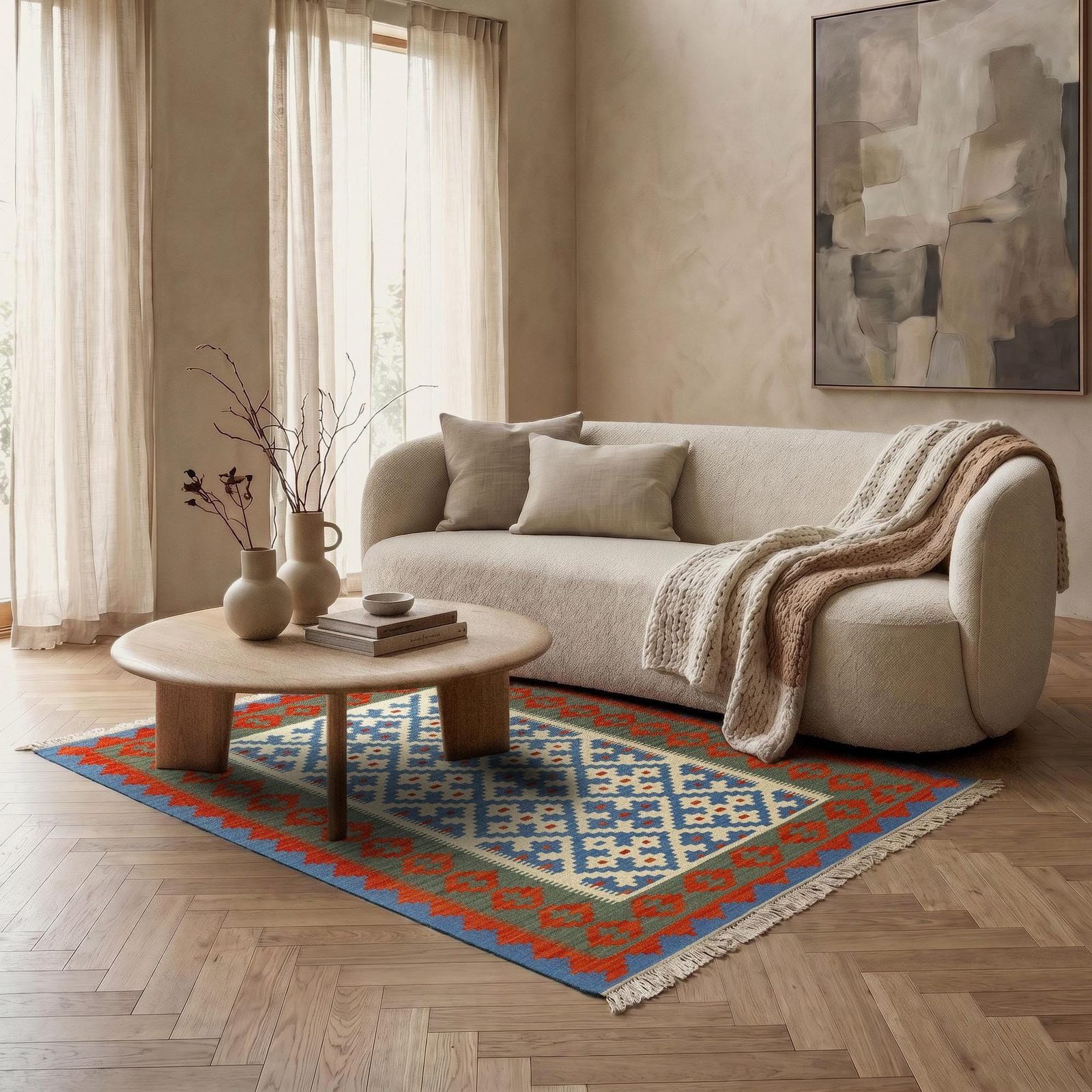 Kelim Teppich mit blauem Rautenmuster auf cremefarbenem Grund vor einem hellen Sofa im Wohnzimmer