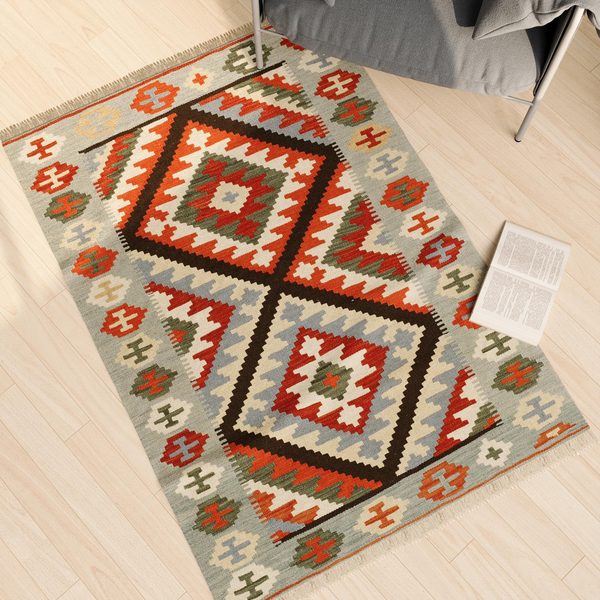 Kilim Rug in Red and Light Blue, view 2