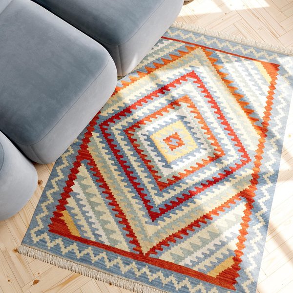 Kilim Rug in Blue and Red, view 2