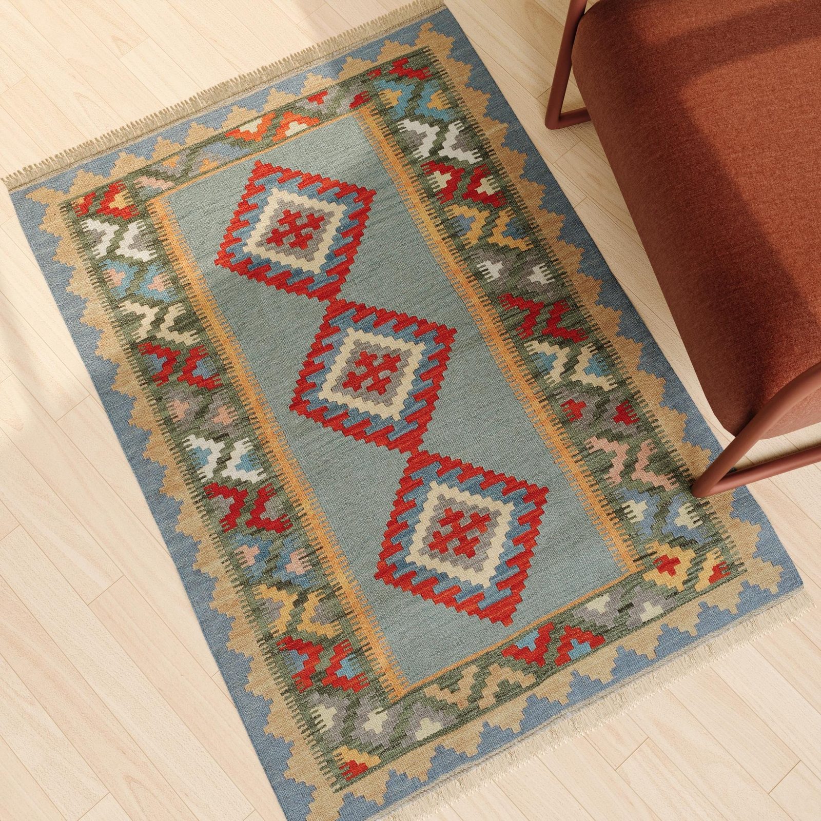 Kilim Rug in Light Blue and Red, view 1