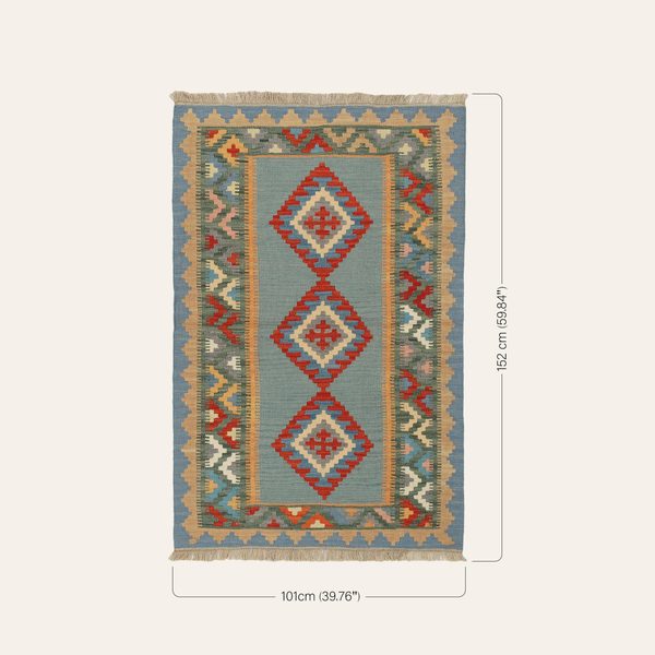 Kilim Rug in Light Blue and Red, view 3