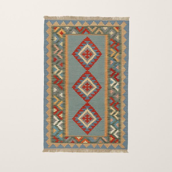 Kilim Rug in Light Blue and Red, view 7