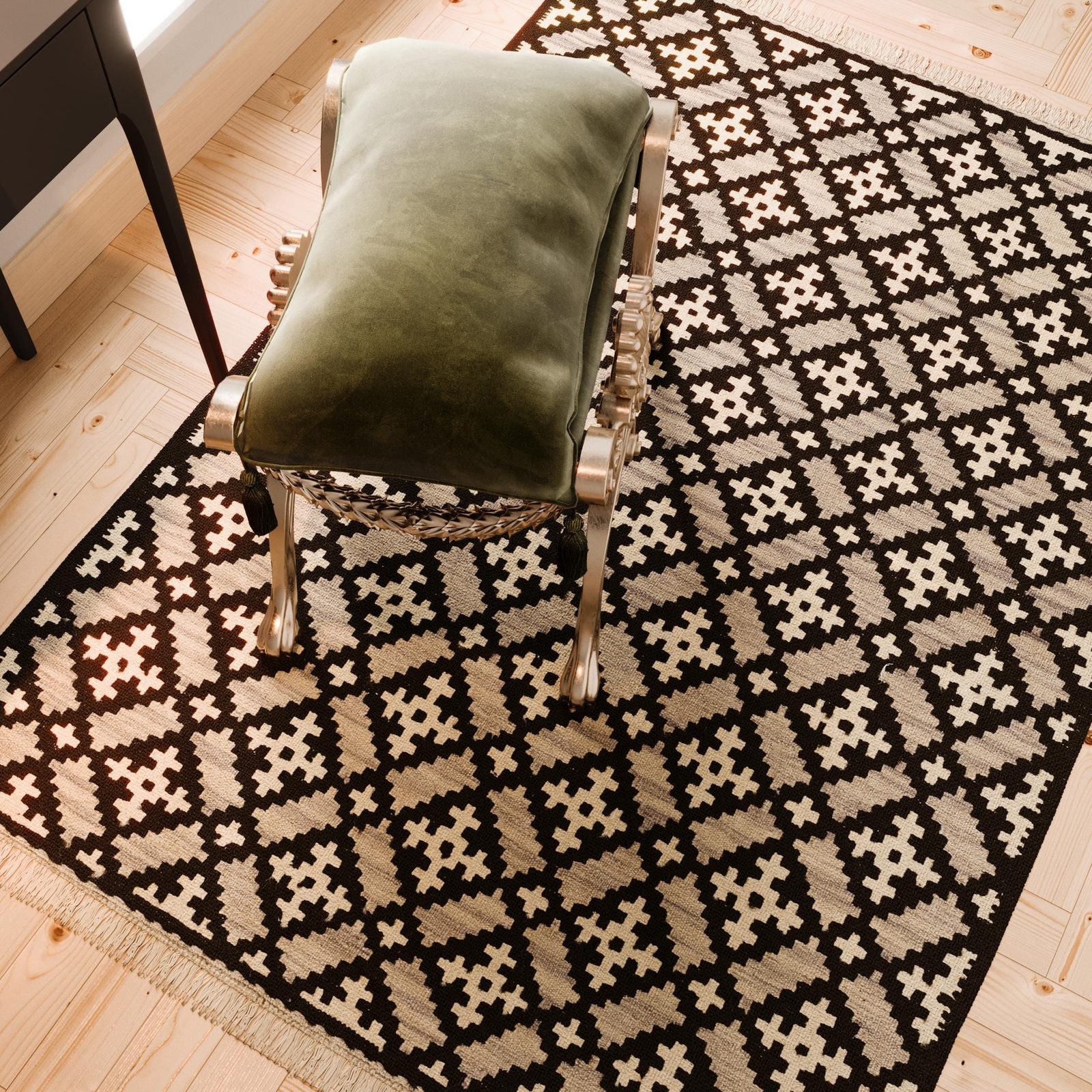 Kilim Rug in Black and Cream, view 1
