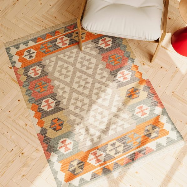 Kilim Rug in Grey and Orange, view 2