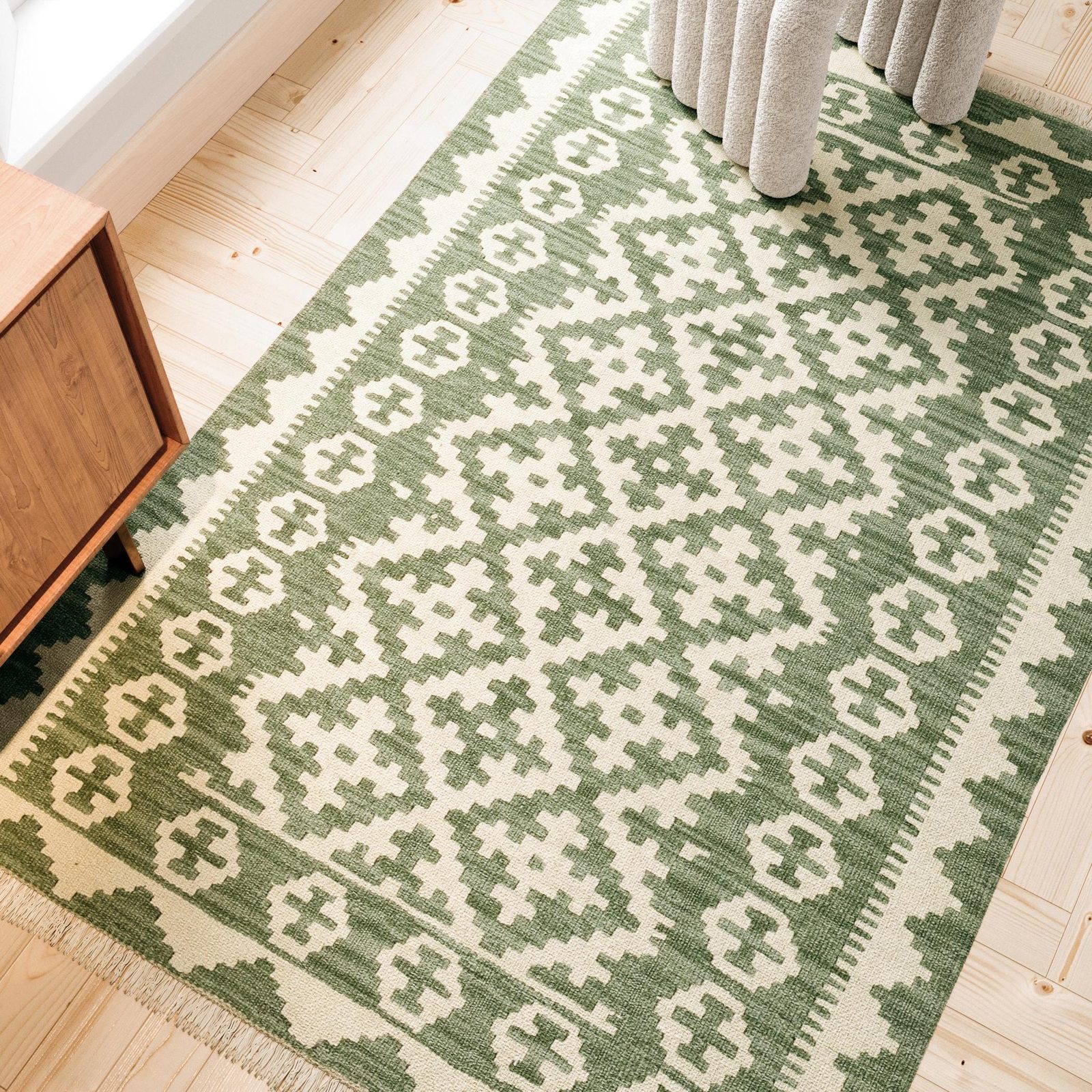 Kilim Rug in Green and Cream, view 1