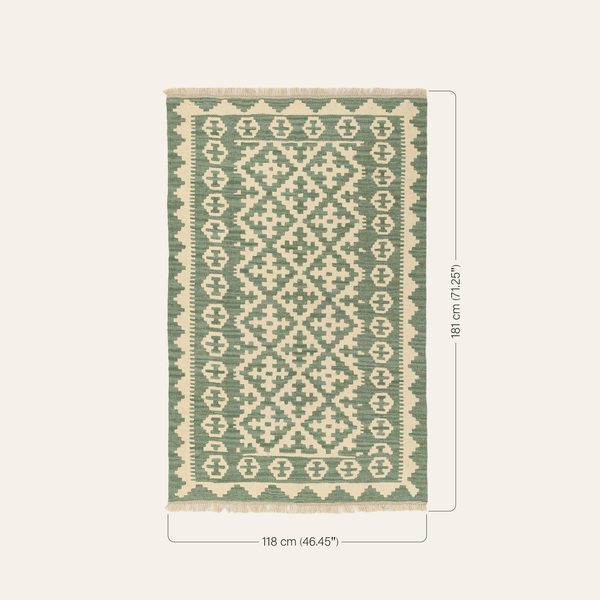 Kilim Rug in Green and Cream, view 3