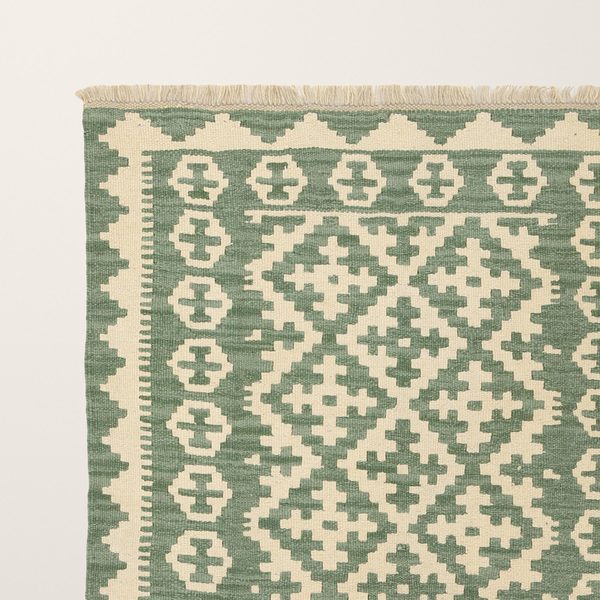 Kilim Rug in Green and Cream, view 5