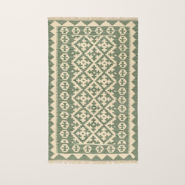 Kilim Rug in Green and Cream, view 7